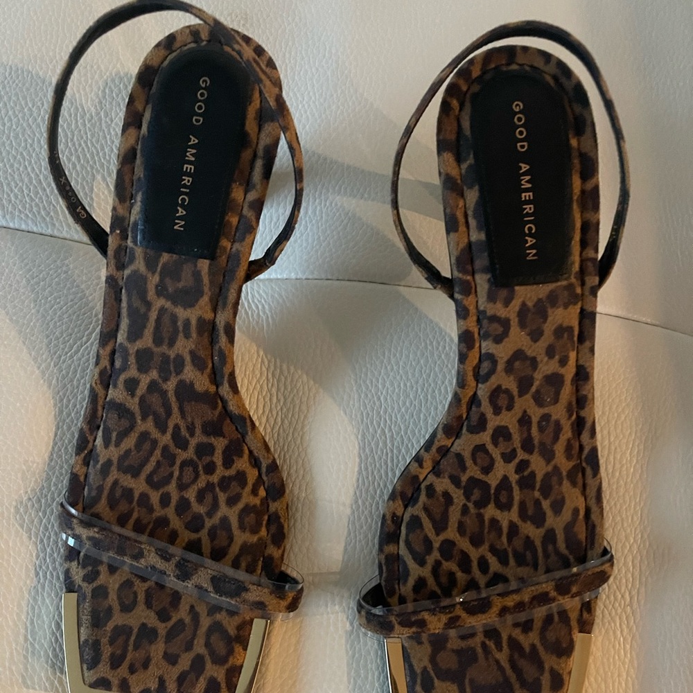 Good American Heeled Sandals, Square Toe, Leopard Print, size